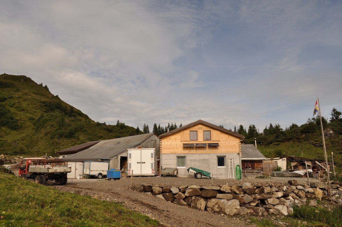Alphütte Hinderist Hütte am Wasserberg, daneben der Kuh- und Schweinestall, rechts im Hang der Käsekeller